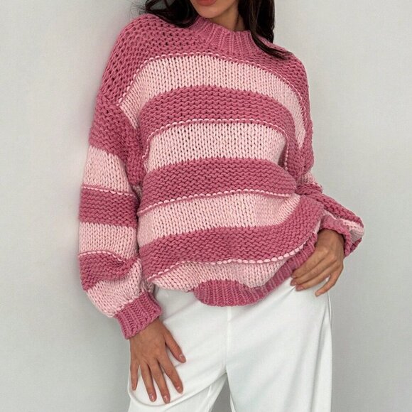 Pink Casual Women's Chunky Knit Contrast Color Lovely Crew Neck Warm Sweater - Picture 2 of 7